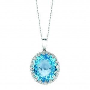 Oval Blue Topaz with Diamond Halo White Gold