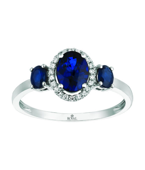 Three Sapphire with Halo Diamonds White Gold