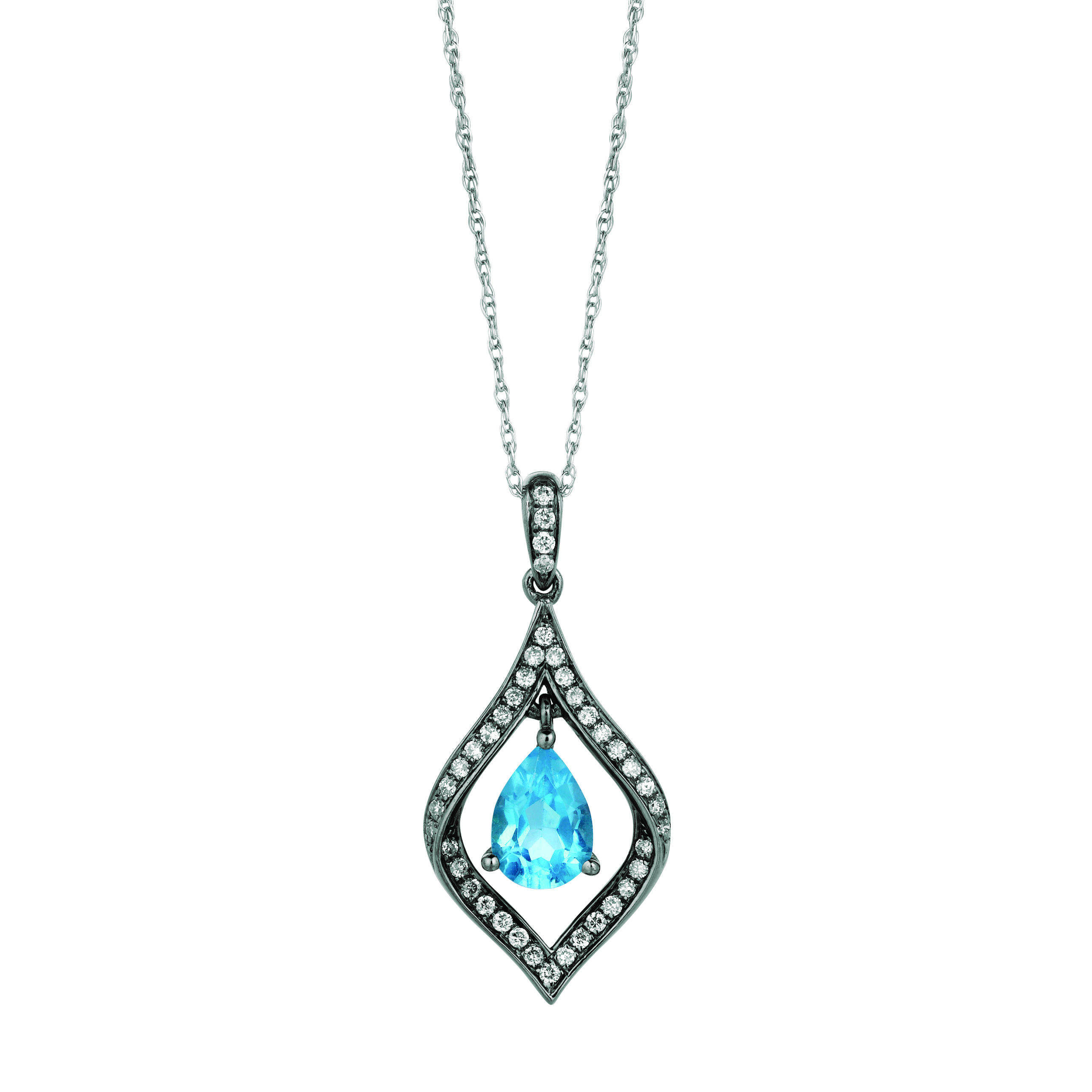 Pear Shape Blue Topaz with Diamonds Black Rhodium Pendant