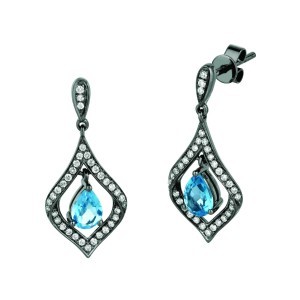 Pear Shape Blue Topaz with Diamonds Black Rhodium Earrings