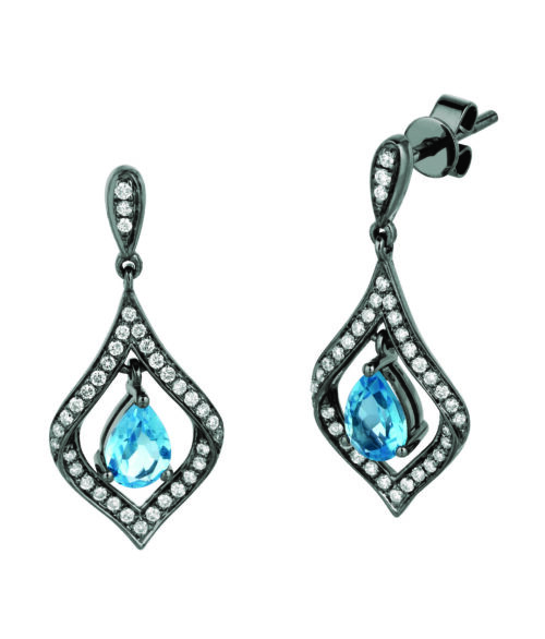 Pear Shape Blue Topaz with Diamonds Black Rhodium Earrings